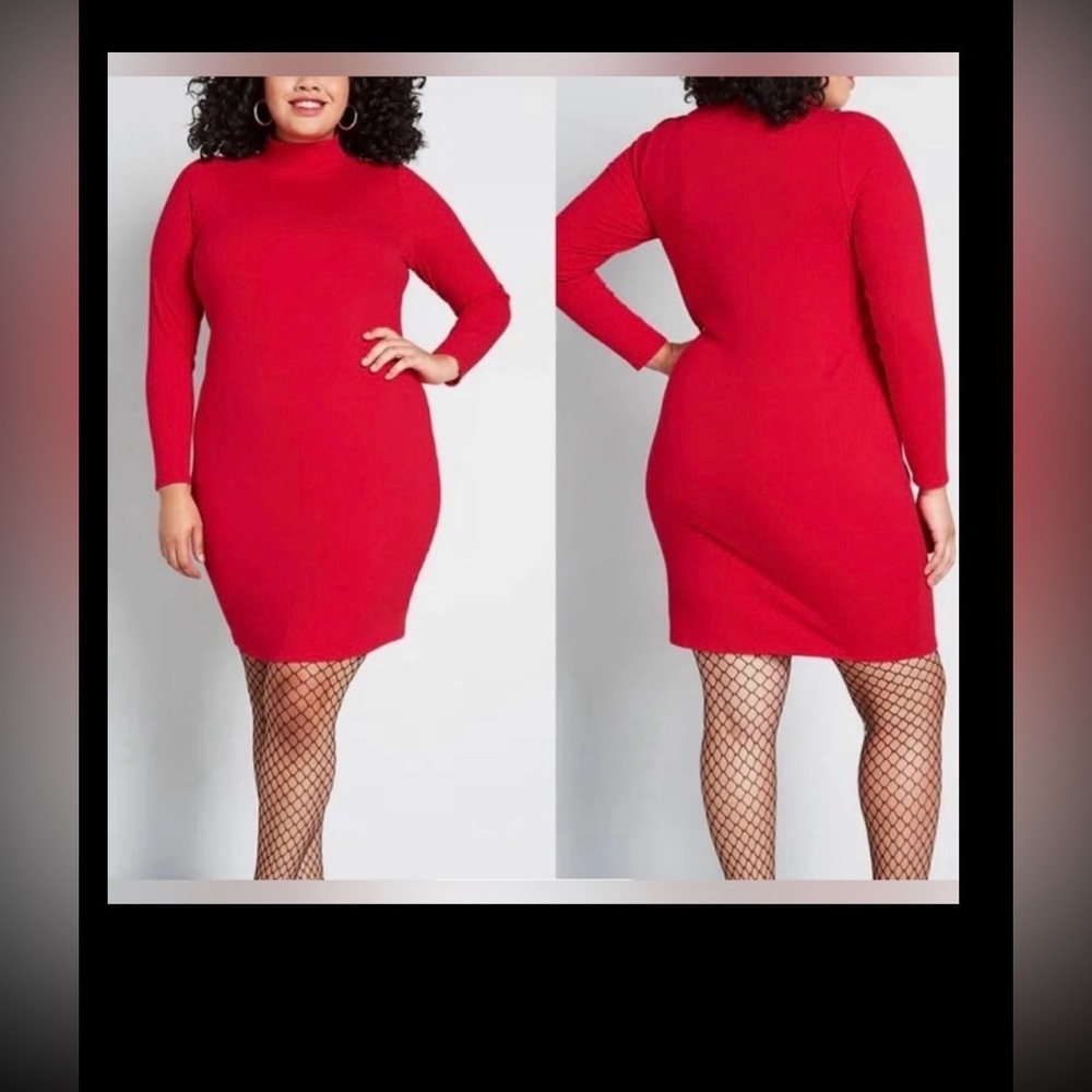 ModCloth Mini Dress Ribbed Knit Modest Mock Neck Long Sleeves Red Plus Size 2X